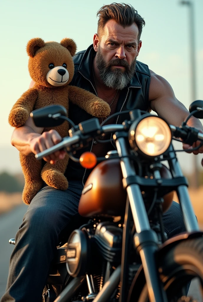 A tough, bearded man riding a Harley Davidson, dressed in a black leather vest, with a teddy bear sitting on the tank of his Harley Davidson. Enjoy the contrast between his toughness and his personality. Cheerful image, high definition, realistic, professional lighting.