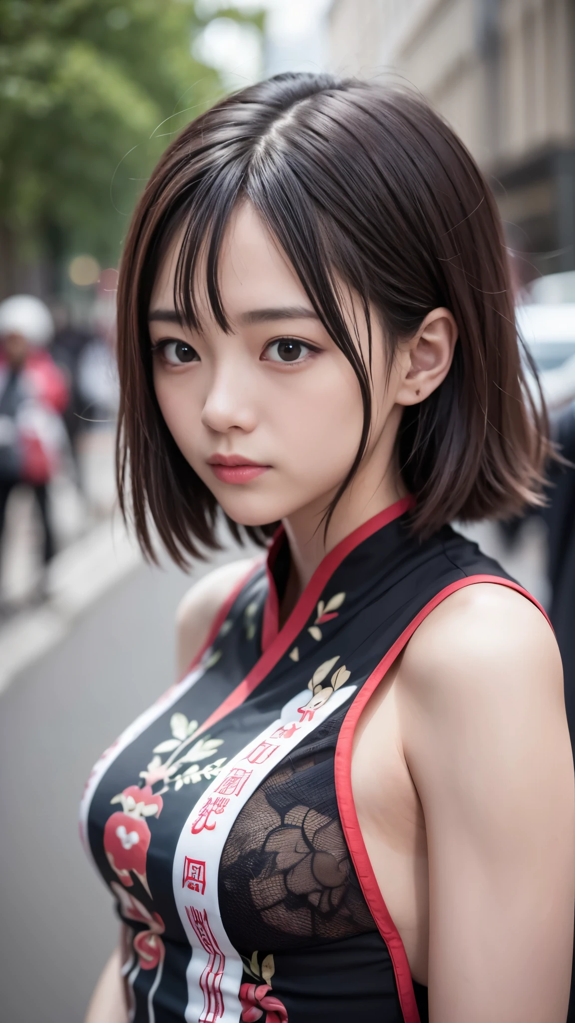 (masutepiece, Best Quality:1.5), 8K, 16year old, 85 mm, Official art, Raw photo, absurderes, violaceaess, gardeniass, Upper body, close up, Solo, Delicate girl, ((more revealing sideless China dress)), Street, Bokeh background, Looking at Viewer, natural, Candid, (Summer, Standing, sideshot:0.6), Sharp Focus, face lights, Eyes and faces with detailed