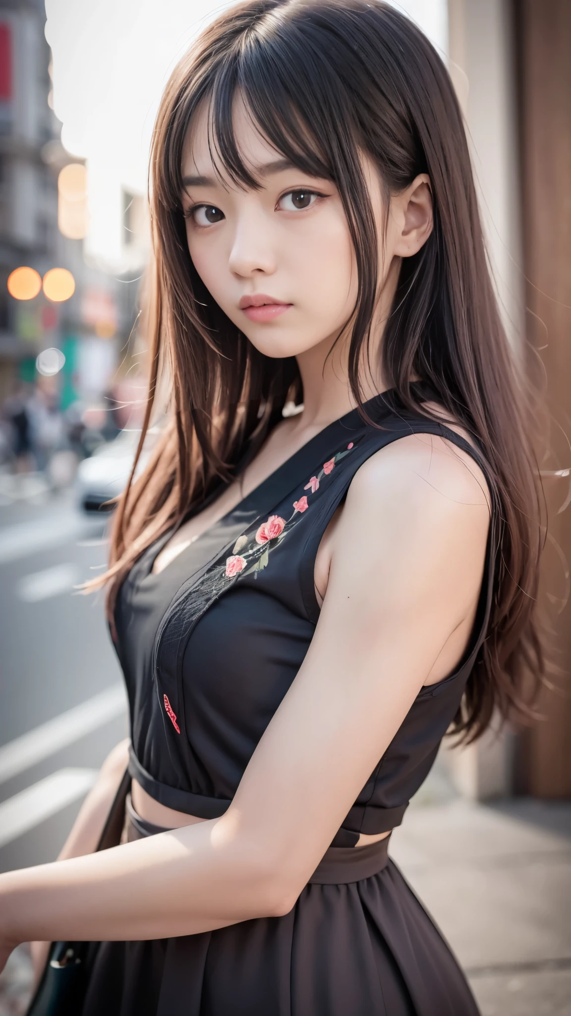 (masutepiece, Best Quality:1.5), 8K, 16year old, 85 mm, Official art, Raw photo, absurderes, violaceaess, gardeniass, Upper body, close up, Solo, Delicate girl, China dress, Street, Bokeh background, Looking at Viewer, natural, Candid, (Summer, Standing, sideshot:0.6), Sharp Focus, face lights, Eyes and faces with detailed