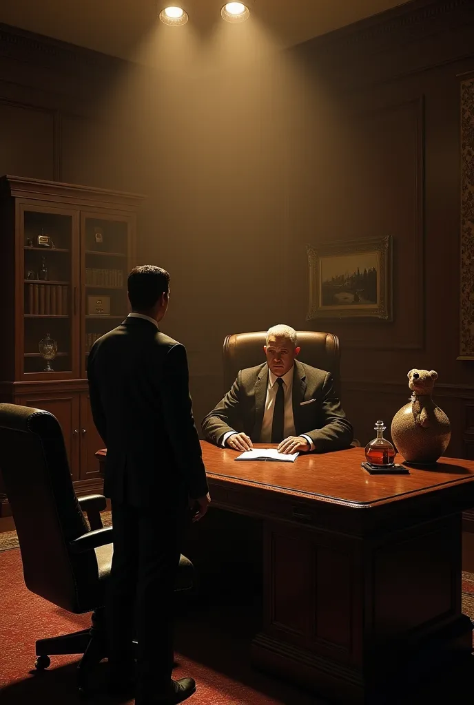 The dimly lit office of an Italian Mafia boss, with oak-style furniture and an impressive desk, with a small teddy bear on top of the desk where the scary-looking boss sits, and the boss and his henchman are having a serious discussion in the office.