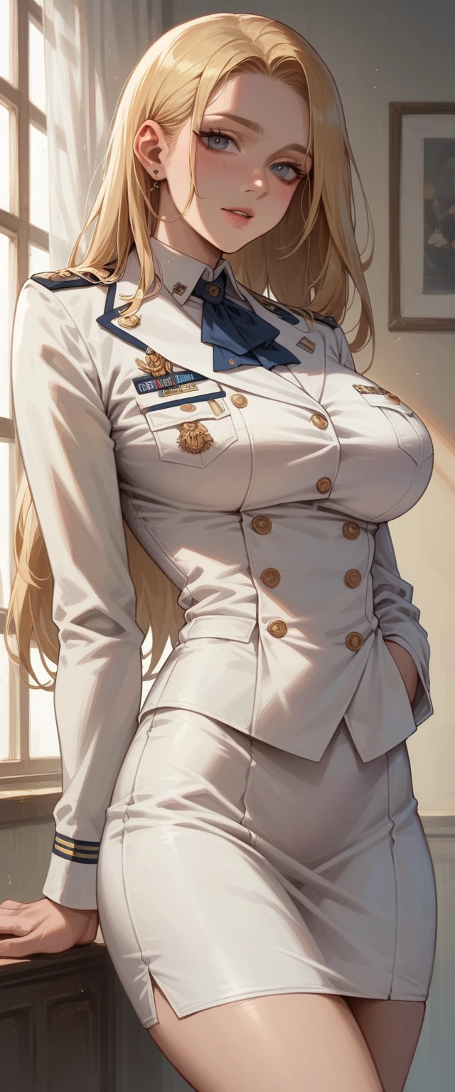 A sexy blonde girl with a voluptuous body wearing a new short naval dress uniform, It&#39;s too sexy and sensual, It has white lingerie with gold, It is for the exclusive use of your wife, a dress with a half-nipple neckline, low-cut back and only covers half of the ass and fishnet stockings that say armi and sexy high-heeled sandals 35 cm high with bows and shiny gold reflective sexy sensual uniform in the neckline has pants with Mexican naval flag, sexy girl full body sexy white high heel sandals with high white stockings slut tight dress with neckline that shows the nipple with some snow white and sexy stiletto heels with golden Versace fishnet stockings with golden details shiny reflective like mirrors full body sexy high heel sandals sexy white fishnet stockings with golden shiny reflective 