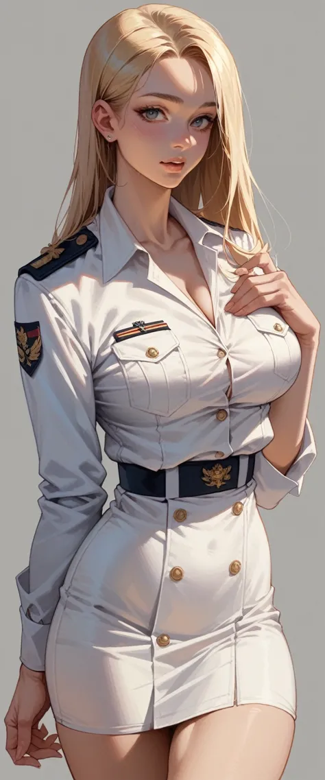 a sexy blonde girl with a voluptuous body wearing a new short naval dress uniform, it&#39;s too sexy and sensual, it has white l...