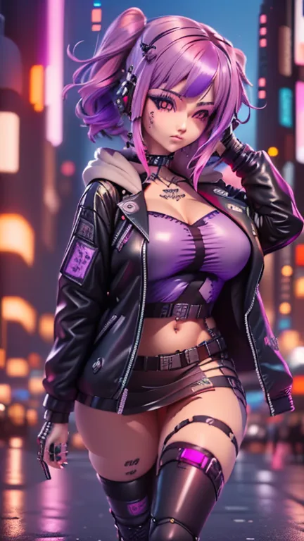 there is a woman with purple hair and a leather jacket, female cyberpunk anime girl, cyberpunk anime girl, cyberpunk vibe, dream...