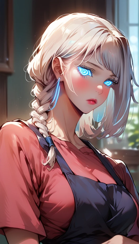  Hot beautiful mei sitting on bed,pink lipstick, big oversized hoops Earrings,  big saggy breasts  ,  white hair single braid,blue eyes,  wearing apron , detailed eyes,High Resolution, Simple background, Depth Of Field, 