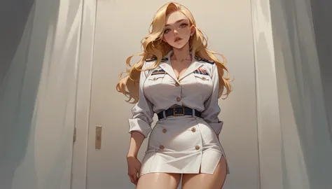 a sexy blonde girl with a voluptuous body wearing a new short naval dress uniform, it&#39;s too sexy and sensual, it has white l...