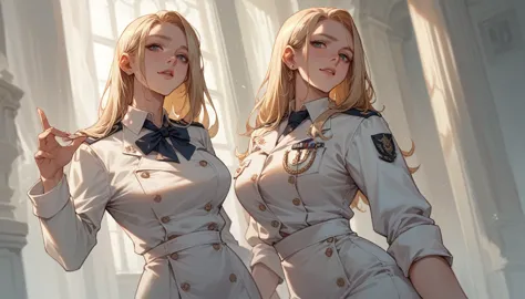 a sexy blonde girl with a voluptuous body wearing a new short naval dress uniform, it&#39;s too sexy and sensual, it has white l...