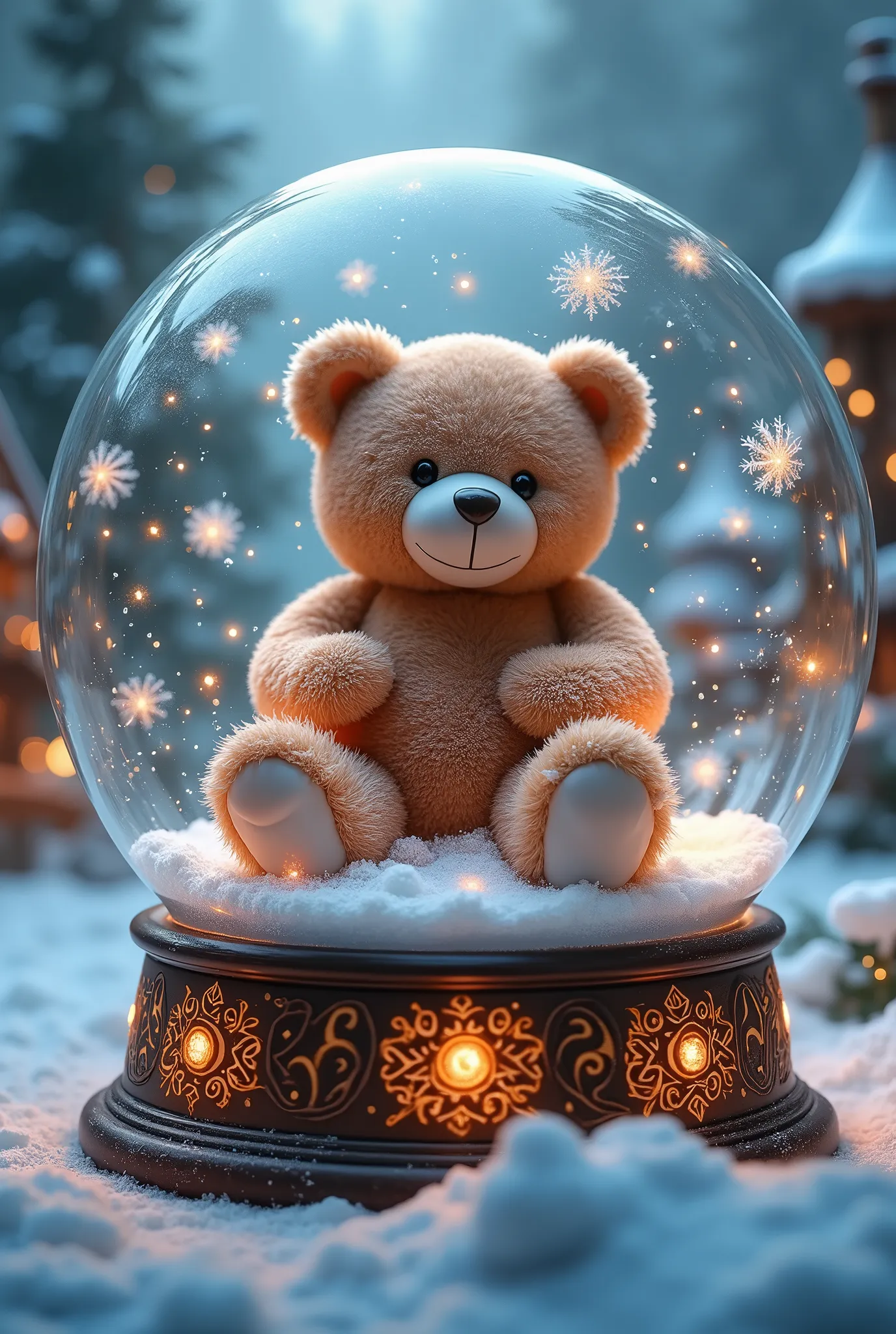 A highly detailed and realistic scene inside a snow globe, featuring a giant teddy bear with soft, plush fur. The teddy bear sits in the center, surrounded by swirling snowflakes. The globe itself has a fantasy vibe, with intricate designs on the base, glowing softly from within. The scene inside is whimsical, with snow-covered trees, tiny houses, and twinkling lights in the background. The teddy bear looks cozy and magical in this winter wonderland, with every detail of the snowflakes, reflections, and glass giving it a realistic yet fantastical feel.