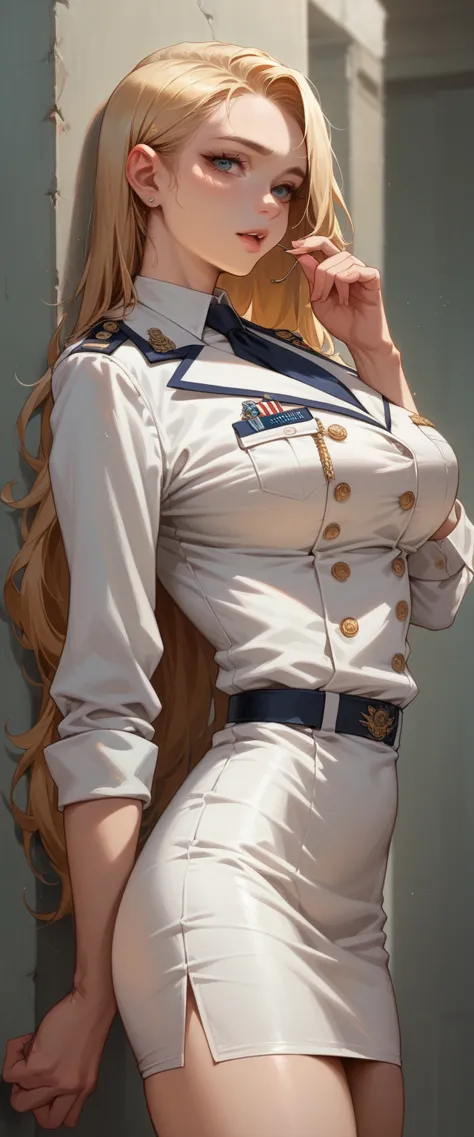 a sexy blonde girl with a voluptuous body wearing a new short naval dress uniform, it&#39;s too sexy and sensual, it has white l...