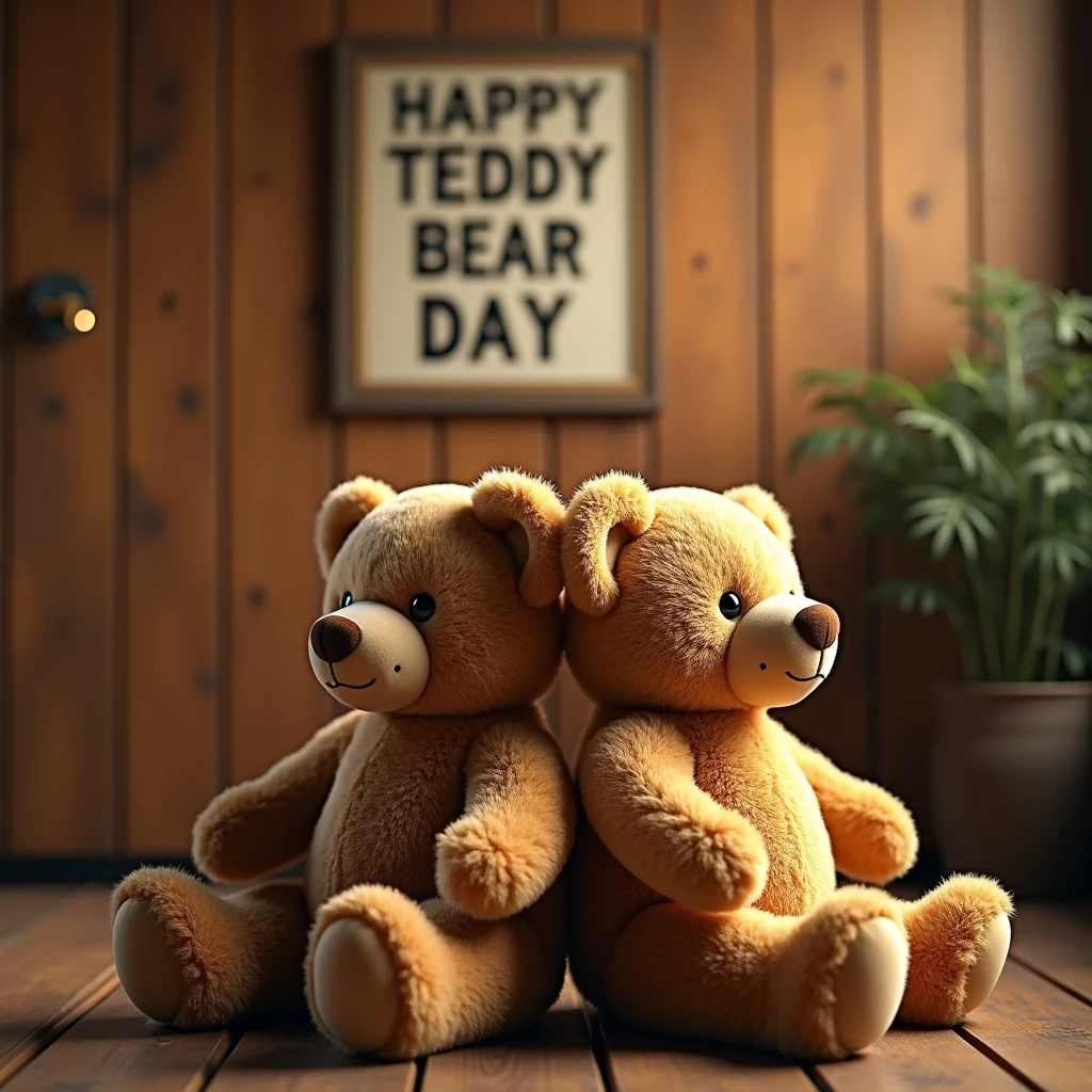 Teddy bears sitting back to back、Wooden wall、indoor、「October 27th is Teddy Bear Day」A poster on the wall that reads、(Highest quality、4K、8k、High resolution、masterpiece:1.2)、Super detailed、(Real、Photorealistic、Photorealistic:1.37)、HDR、uhd、Studio Lighting、Very intricate details、Very detailed、超Real、Bright colors、ambient lighting、Warm tones、Soft Focus