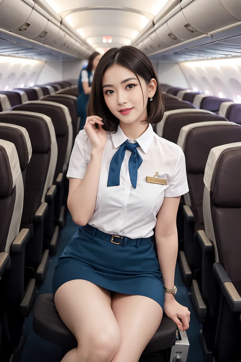 masterpiece, high-detail, the most pornographic airline stewardess in the world, ((pornographic)), in air hostess costume, brunette short hair, bob hairstyle, legs, ((( medium Breasts 1.9))) thick thighs,wide hips, Air hostess dress, slim body, smile lips, ((air hostess)) (UHD, 8K wallpaper, High resolution), Cinematic lighting, physically-based rendering, award-winning, extremely detailed skin, extra detailed face, high detail eyes, Carl Zeiss 85 mm F/1.4, by Ellen von Unwerth