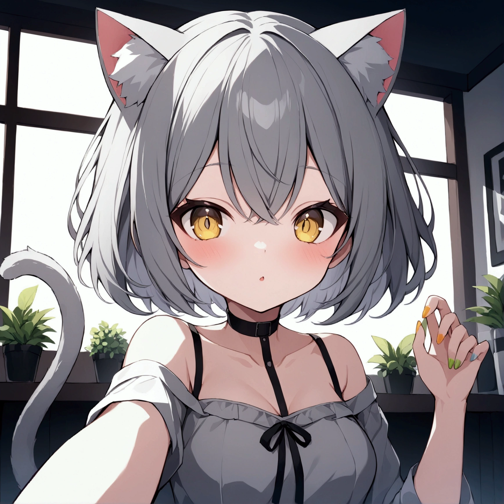  Hires.fix. Model: kivotos-xl-2.0, holodayo-xl-2.1, animagine-xl-3.1  Sampling: DPM++ 2M SDE Karras, 1girl,  , cat ears,cat tail, silver-gray hair,yellow eyes, Bright-eyed excitement , short hair, she is drawing a colorful pedicure  ,