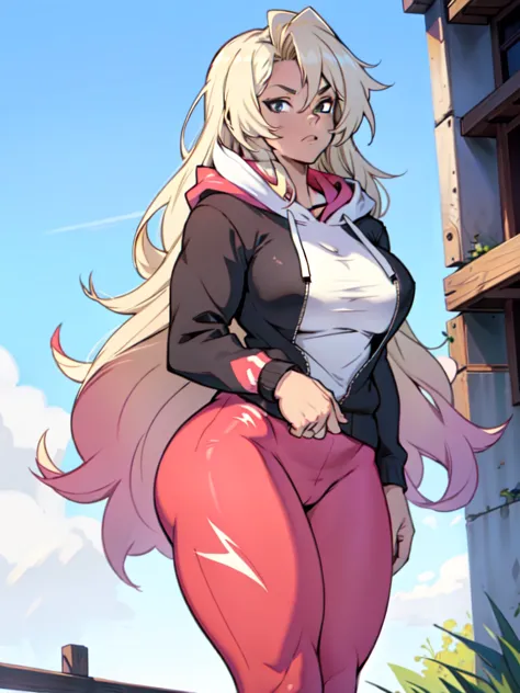 extremely long hair perfect anatomy 1 girl tall large breasts solo curvy ((muscular)) hoodie leggings toned body