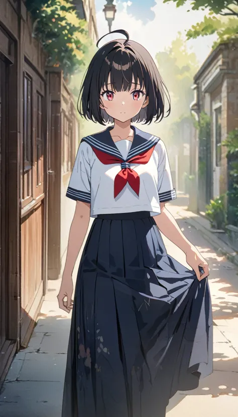 girl、bobcut、black hair、ahoge、red eye、tree eyes、three white eyes、sailor suit with long skirt、glare、old school hallway background、...