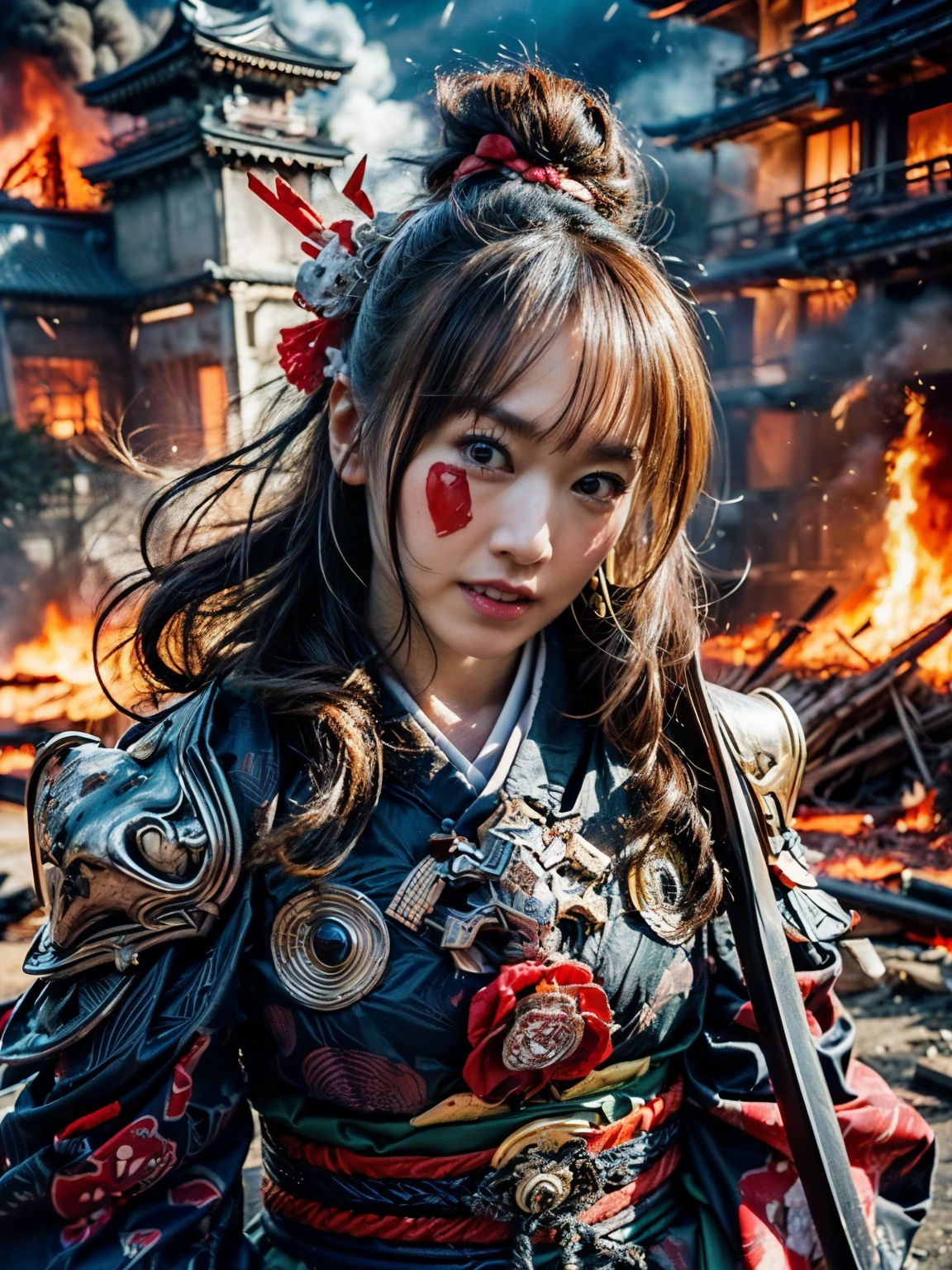 (((Realistic, masterpiece, best quality, crisp detail, high definition, high detail, rich detail, sharp focus, colorful, perfect studio lightning))), ((30 years old,)),(((in the middle of war, epic war scene, severely wounded))), wearing (((beautiful decorated golden heavy armor, julia set fractal decorated armor, fully armored beautiful kimono, holding katana, blood scattered face, blood tears, blood bath, blood shed))), (((fire everywhere, blood everywhere, death everywhere, japan bakumatsu period, dead bodies,carcass,burned japanese castle,hellish,chaos)) traditional village background)