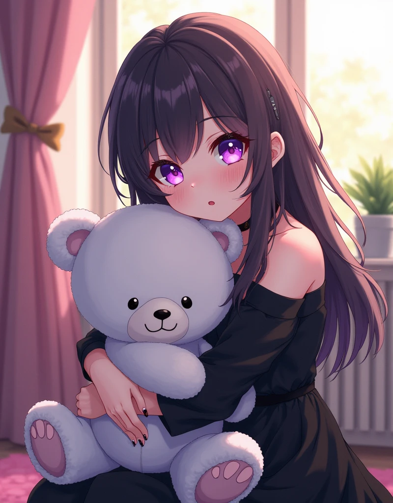 anime illustrations of a goth girl hugging her white teddy bear, the girl wearing an off-shoulder black dress, long messy hair, she has beautiful purple eyes, she is smiling shyly, colorful fingernails, she sit inside a well-lit room, bright sunlight from window, detailed texture, Ultra HD, 8K