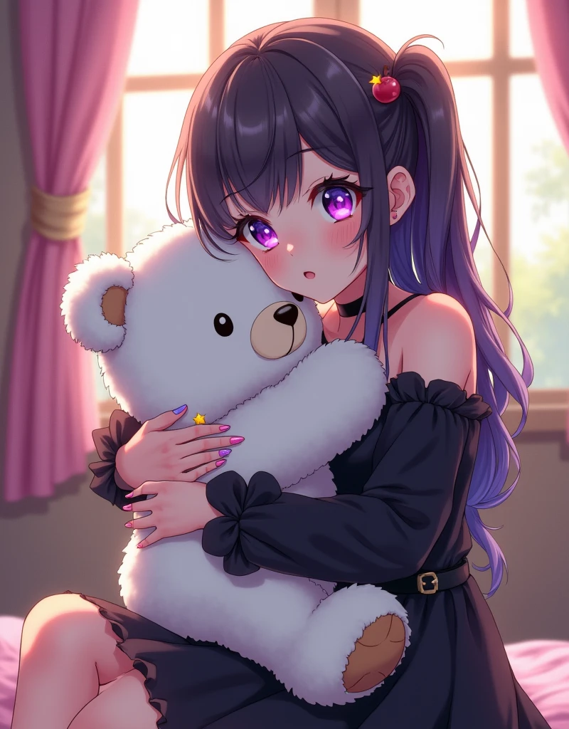 anime illustrations of a goth girl hugging her white teddy bear, the girl wearing an off-shoulder black dress, long messy hair, she has beautiful purple eyes, she is smiling shyly, colorful fingernails, she sit inside a well-lit room, bright sunlight from window, detailed texture, Ultra HD, 8K