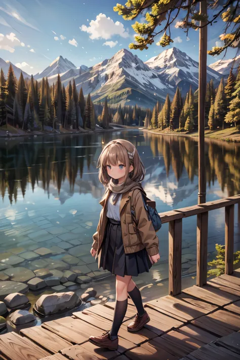 girls walk in a forest, majestic mountain, golden hour, snow-capped peaks, serene lake, clear reflection, calm water, tall pine ...