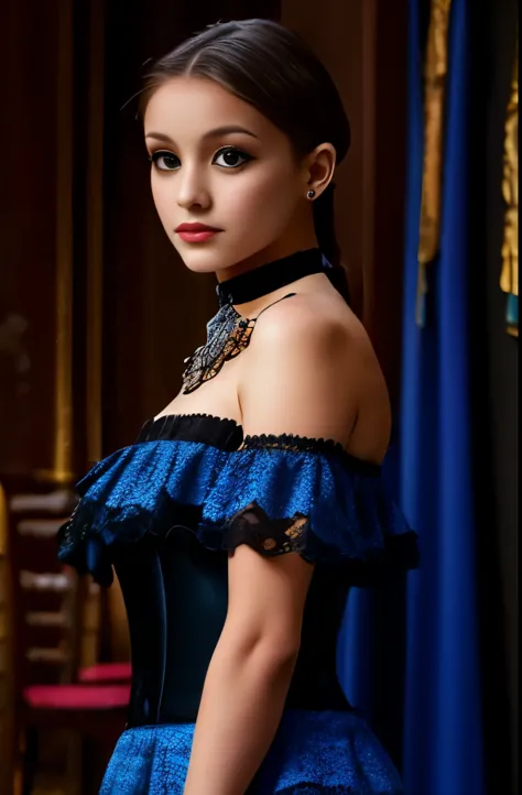 a girl wearing a black and blue corset dress, strapless, ruffled layers, intricate black and blue pattern, black lace trim, broo...