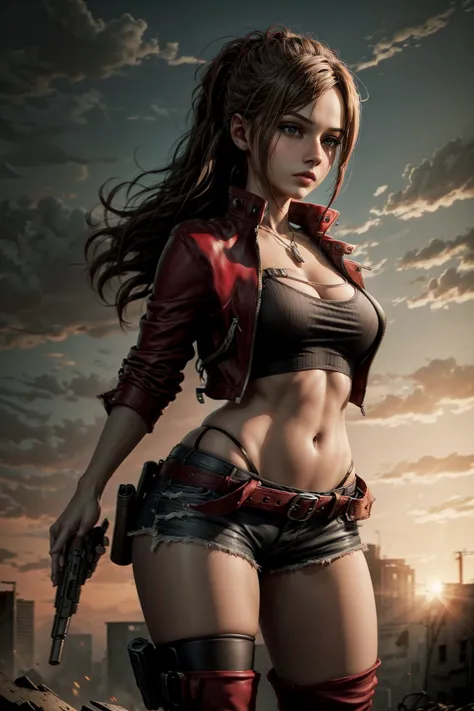 claire redfield, holding a gun 12 mm de cano cerrado, abandoned city in the background, red jacket, very short black denim mini ...