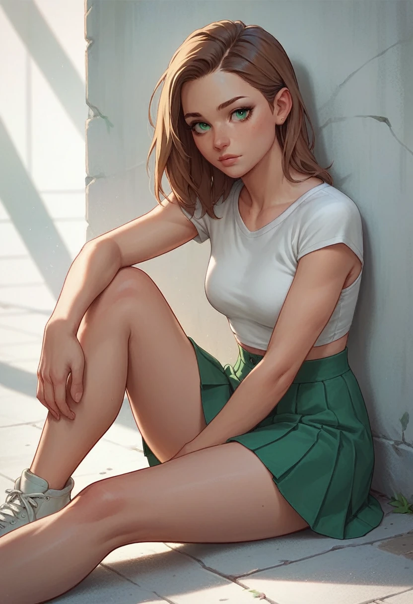 Teenage girl wearing a skirt and a white top and thin legs. Lite brown hair green eyes, sitting on ground