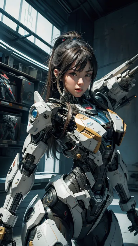 Textured skin, Super Detail, high details, High quality, Best Quality, hight resolution, 1080p, hard disk, Beautiful,(cyborgs),(Missiles from the chest),(Machine gun from both hands),beautiful cyborg woman,Mecha Cyborg Girl,Battle Mode,Girl with a Mecha Body,She wears a battle cyborg mech with a weapon,Fulll body Shot