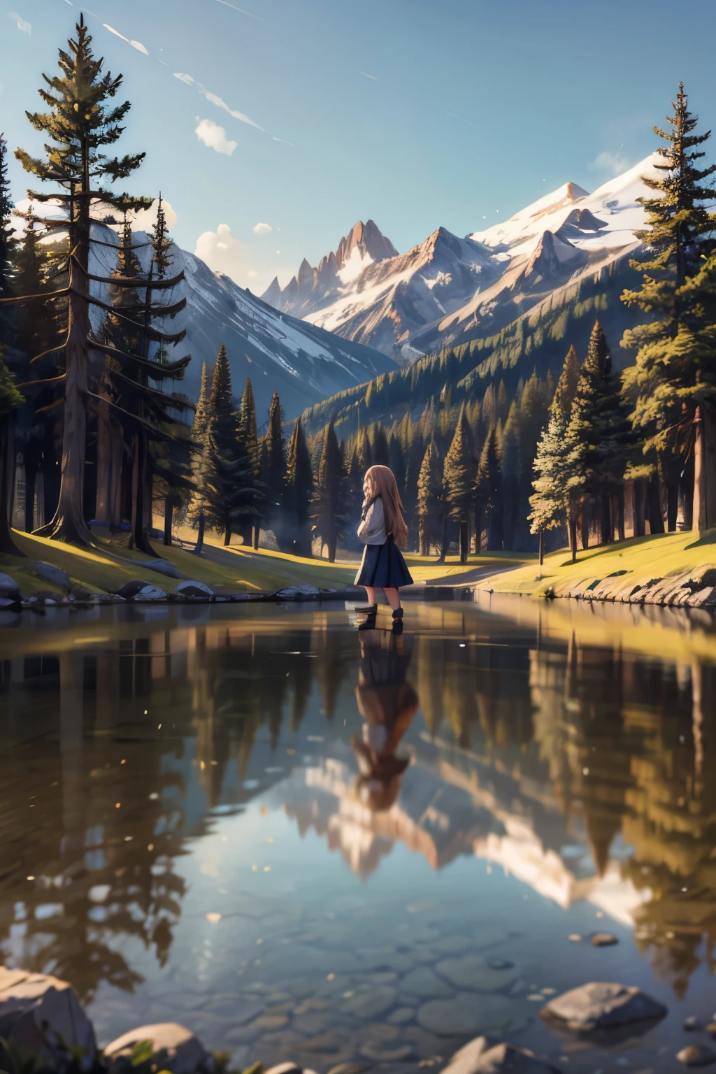 girls walk in a forest, majestic mountain, golden hour, snow-capped peaks, serene lake, clear reflection, calm water, tall pine trees, natural scenery, outdoor, soft warm light, shadows on mountains, tranquil atmosphere, wide-angle shot, deep depth of field, sharp focus on entire landscape, balanced exposure, soft pastel sky, clouds above mountains, girl walk in the forest,