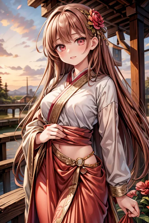 (masterpiece),(best quality:1.0), (ultra highres:1.0), detailed illustration, 8k, anime, 1girl, beautiful anime girl, in a sari, wearing a pink sari, pretty pose, pretty face, detailed face, beautiful eyes, dark red eyes, detailed eyes, red lips, red lipstick, slightly brown hair, pink flower on ear, highlights in hair, standing, red flowers on a tree in the back, open sky with clouds, detailed, intricate, anime style, highly detailed