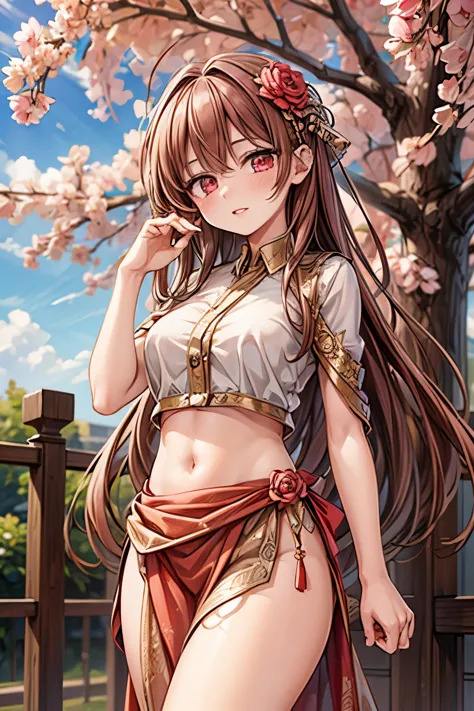 (masterpiece),(best quality:1.0), (ultra highres:1.0), detailed illustration, 8k, anime, 1girl, beautiful anime girl, in a sari, wearing a pink sari, pretty pose, pretty face, detailed face, beautiful eyes, dark red eyes, detailed eyes, red lips, red lipstick, slightly brown hair, pink flower on ear, highlights in hair, standing, red flowers on a tree in the back, open sky with clouds, detailed, intricate, anime style, highly detailed