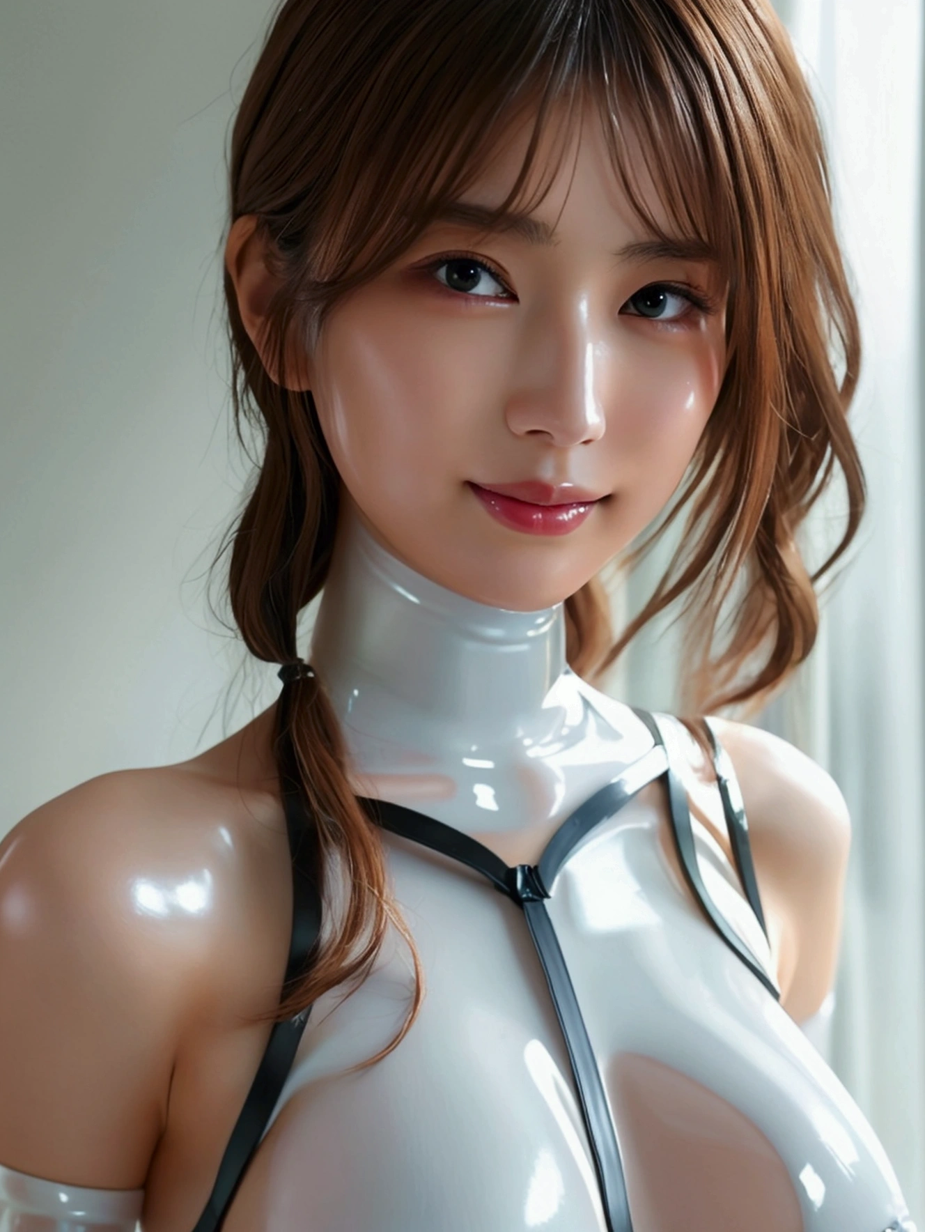 ((Highest quality、8k、masterpiece:1.3))、(Beautiful and vivid background: 1.2), (Very detailedCG, Very detailed, Best Shadow: 1.1), ((Depth of written boundary)),(Very delicate: 1.1), (Perfect detail: 1.1),(White ultra-thin latex bodysuit:1.3)、Young Japanese woman、(Anatomically correct body)、（Perfect figure:1.3）、(Very detailed美しい顔、Beautiful skin texture)、Cute smile、(Beautiful Eyes:1.1)、double eyelid、(Large Breasts)、Beautiful curves、Beautiful long legs,nsfw
