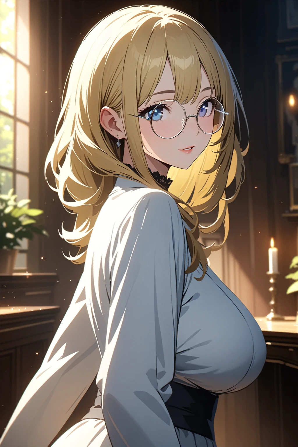 (best quality,4k,8k,highres,masterpiece:1.2),ultra-detailed,beautiful detailed eyes,A girl with beautiful eyes, everyone, beautiful girl, elegant colors, soft lighting, delicate beautiful black eyes, round eyes, very coquettish, looking back, (beautiful large breast:1.2), (((silver semi-rimless round eyewear:1.3))), portrait, realistic,elegant white dress, elegant mature woman, blue eyes, blonde hair, big breast, 4k resolution, beautiful cg, soft light