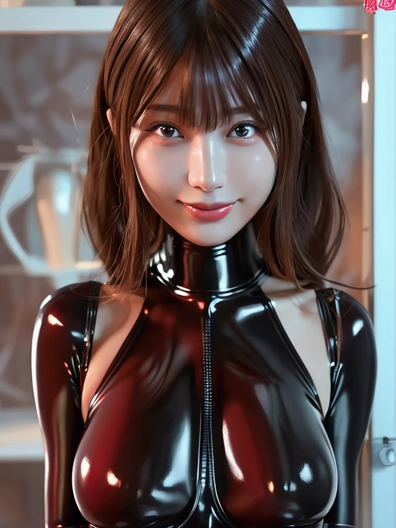 ((Highest quality、8k、masterpiece:1.3))、(Beautiful and vivid background: 1.2), (Very detailedCG, Very detailed, Best Shadow: 1.1), ((Depth of written boundary)),(Very delicate: 1.1), (Perfect detail: 1.1),(Red ultra-thin latex bodysuit:1.3)、Black latex gloves、Black latex socks、Young Japanese woman、(Anatomically correct body)、（Perfect figure:1.3）、(Very detailed美しい顔、Beautiful skin texture)、Cute smile、(Beautiful Eyes:1.1)、double eyelid、(Large Breasts)、Beautiful curves、Beautiful long legs,（nsfw）
