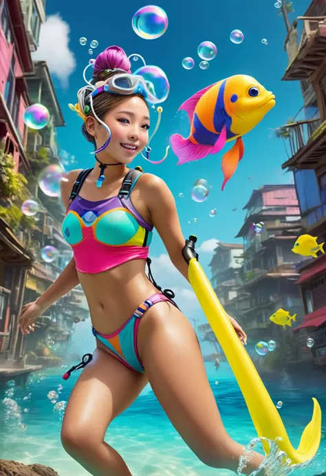 (realistic fantasy) a cute yuna (brightly colored skin, cute colorful dress), yuna is portray a snorkel cartoon tv character, ha...