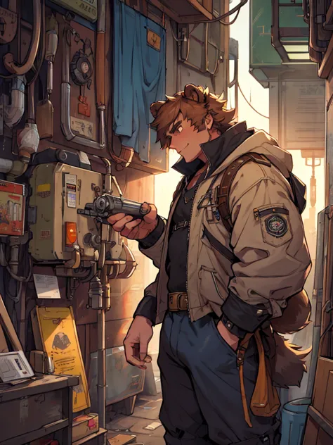 a middle-aged male, bear ears, bear tail, mechanical engineer, wearing a mechanic's suit, in a steampunk style mechanical city