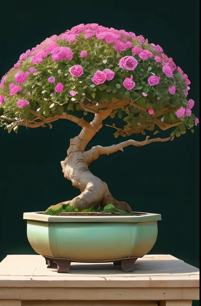 Create desert roses with huge caudex style bonsai with lots of roses. Flower is adenium. Desert background  