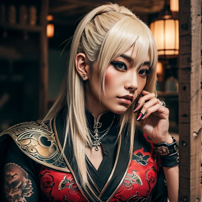 1 woman Japanese woman, female, Asian eyes, muscular, broad shoulders, yakuza tattoos, hairstyle Visual Kei style, hair Visual Kei, streampunk outfit, ultra detailed face, hyperrealistic, realistic representation, long hair, 40 years old, age 40 years, blonde hair