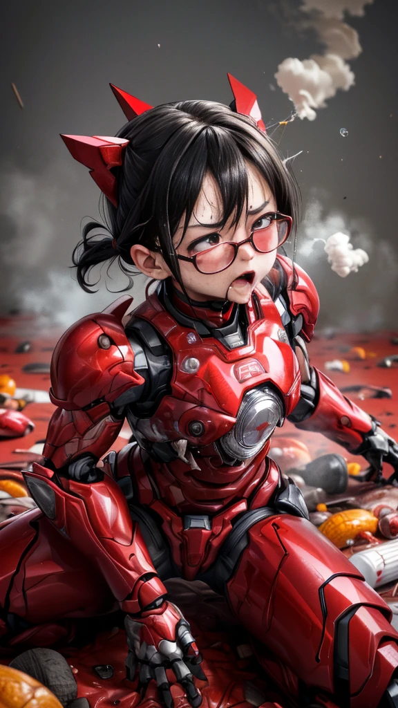 Rough skin, Very detailed, Advanced Details, high quality, 最high quality, High resolution, 1080P 、Bleeding from the wound、Red Armor、Wearing red and black、cute((Serious damage to the whole body))(Wearing a damaged female robot suit...)(Red Armor)(Broken Armor)Black Hair、Glasses、Chiquita、Soaking wet、Open your mouth、Sweaty face、It hurts again、cute、knock down、Droolinging from the mouth、Female college student　　(Steam coming out of the face) ((Steam from the body)) Sit on a chair　Touching the vagina　Drooling　look up　((Fall on your back on the ground))I can see the vagina　Pleasure　syncope　Ahegao