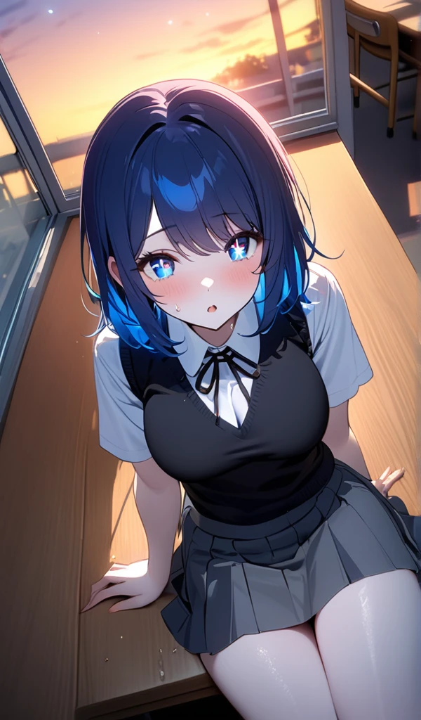 (One girl),(Best image quality, 8k, masterpiece:1.3),((Blue Hair Medium Hair:1.1)),(Swept-apart bangs,Braiding), (Cute eyes, Sparkling Eyes,Sparkling Eyes), (thin), (Large Breasts),(Glowing Skin:1.1),(Pale skin:1.2),(Sweat),(A fantastic atmosphere),(look up),Ultra-high resolution, Textured skin, Sparkle Effect, Akane Kurokawa,Cleavage,

high school student,Classroom after school,evening,Sunset,

uniform,White shirt,Black Sweater Vest,Grey Skirt,Black Loafers,Navy Ribbon,navy panties,Panty shot,Bend your legs,sit,