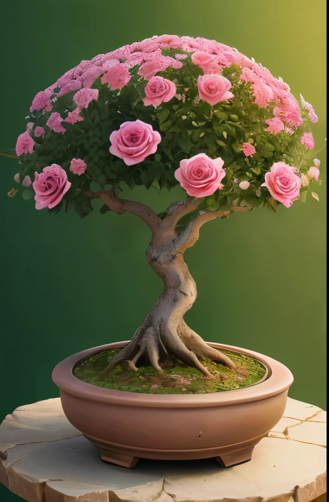 Create desert roses with huge caudex style bonsai with lots of roses. Flower is adenium. Desert background  