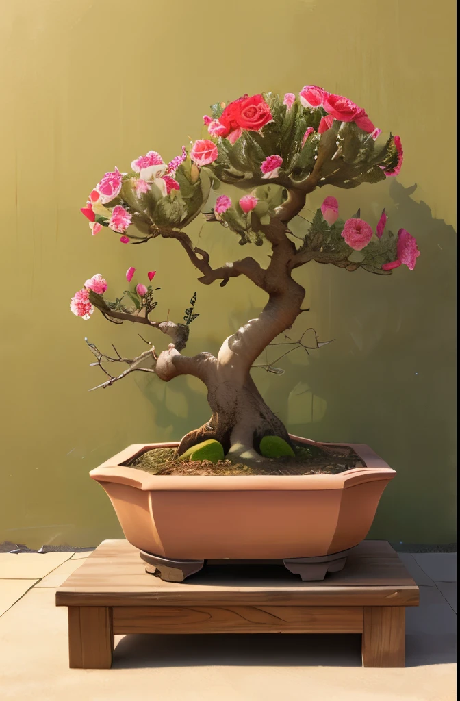 Create desert roses with huge caudex style bonsai with lots of roses. Flower is adenium. Desert background  