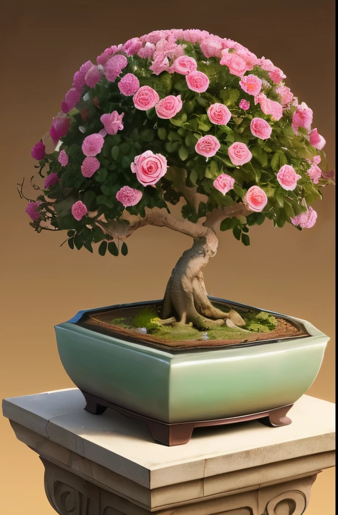 Create desert roses with huge caudex style bonsai with lots of roses. Flower is adenium. Desert background  