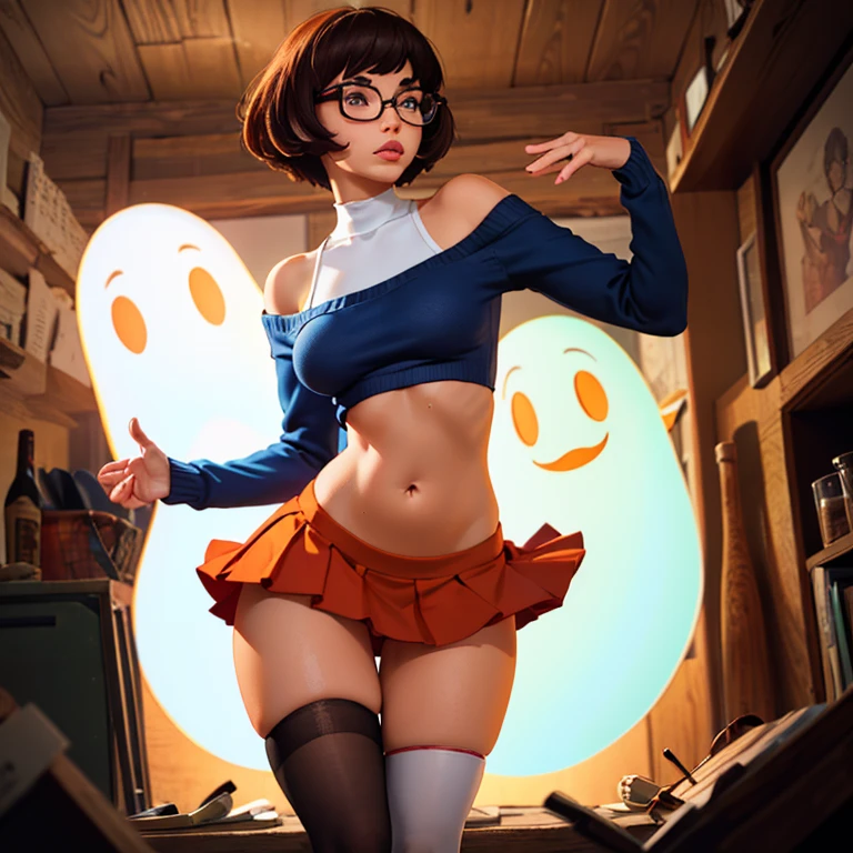 (mkvd, Best Quality, 8k, masterpiece: 1.3, photorealistic, raw photo, High resolution, 1 girl, beautiful girl, Velma, s3xysch00lg1rl), dynamic position, beautiful, dynamism, Detailed face, detailed eyes, detailed lips, Detailed fingers, Detailed mouth, perfect anatomy, toned legs, rounded eyes, puppet, moistened lips, open legs, sweaty, camel hoof shape, vapor: 1.5, scary face, scared, nipple shape, you can see the navel, good hips, final, (shy girl), Wide hips, diaphragm, hip swing, final, shy, nerdy girl, Glasses,  (ginger hair), fringe, short hair, Brown eyes, parts, big breasts, Lips, half-open lips. (tight clothing), glasses, bare shoulders, (((orange Off-the-shoulder crop top with hanging High neck and long sleeves, sweater))), ((mini pleated Red skirt)), Tight, (orange thigh high stockings), stockings with strap, (Lace Underwear), (Red mini skirt lift), high heel, orange high neck sweater, bows. abandoned cabin in the middle of the woods, Very dark, Wide shot, shot from below,  (((around, group of degenerate stalker excited ghosts, surrounded, molested, chikan, grabbing, by ghosts))).