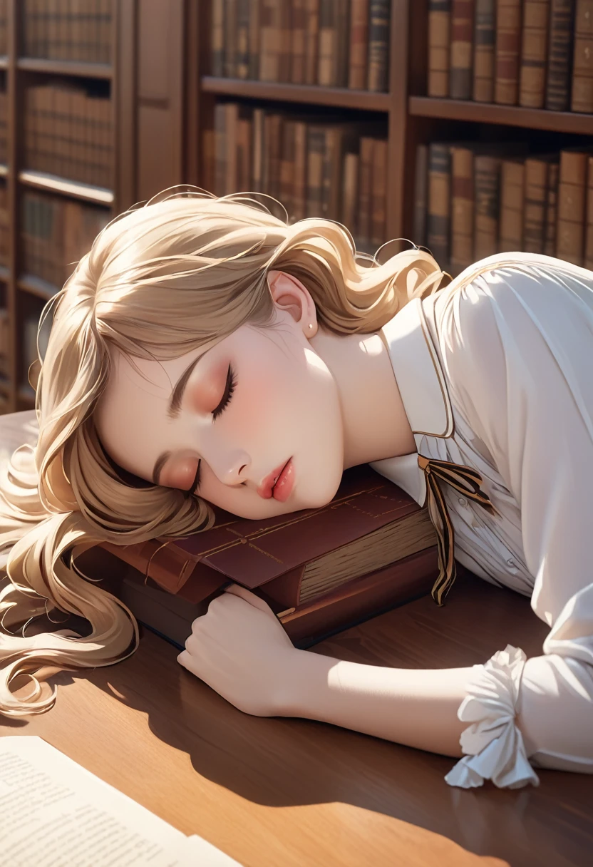 8K,high res,Skin details, Beautiful facial features,She is lying face down on the desk in the library and taking a nap.classical,vintage