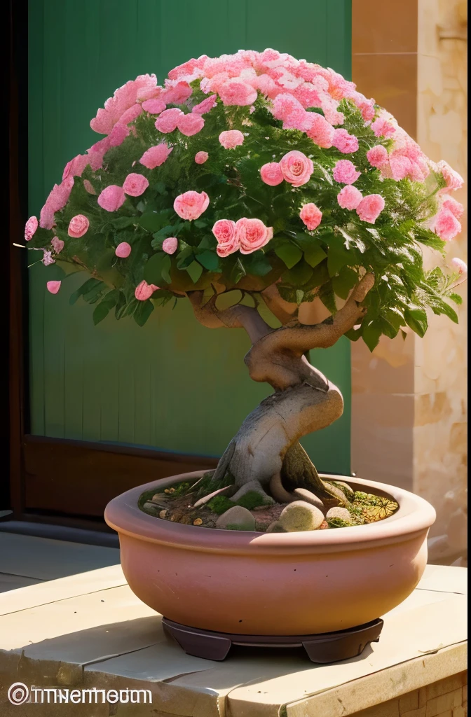 Create desert roses with huge caudex style bonsai with lots of roses. Flower is adenium. Desert background  