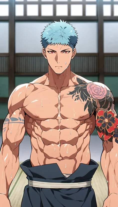 Anime version of Touken Ranbu～Flower circle～，Yamabushi Kunihiro，Touken Ranbu-ONLINE、 height：188cm, Physical build：Muscular, Blue Hair、Monk-like appearance、Well-trained muscles、Abdominal muscles、Six Pack、Sweat、Image seen from the front、The tattoo has a red pattern on the arm and back.