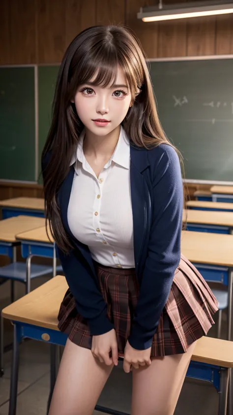 product quality,1 person,low - angle,young and cute japan,daytime, ((high school classroom:1.2)),schoolgirl uniform,blazer, supe...