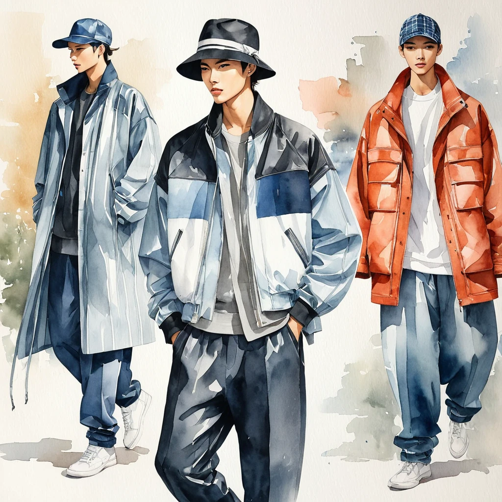 candid fashion illustration of young male supermodels, tall and slender, ((showcase front and back view)), fashionable symmetrical outfits, in modern and elegant sportwear, collage or patchwork ethnic motifs fabric, relax and simple pose, Captured a full-body photo, dynamic angle, ((present in fashion illustration by water-color painting on white paper background), realistic pencil lines, imperfect drawing, charcoal lines detail, fading sketch, fashion Sketching, low angle view, (full body image, hat and a jacket, issey miyake, by Tadashi Nakayama, style from greg rutkowski, inspired by Sadao Watanabe, style of masami kurumada, by Kamisaka Sekka, by Taiyō Matsumoto, by Naondo Nakamura, by Tanaka Isson, inspired by Russell Dongjun Lu, 2 0 2 0 fashion, inspired by Naondo Nakamura, inspired by Sadao Watanabe, inspired by Yanjun Cheng, by Oka Yasutomo