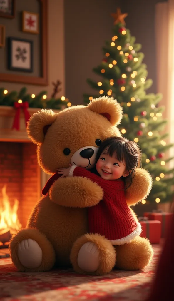 a small girl hugging a giant teddy bear in a cozy living room on Christmas day, pixar style, fireplace, christmas tree, warm lighting