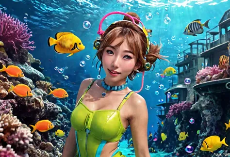 (realistic fantasy,cute yuna,brightly colored skin, snorkel coming out the top of her head trailing bubbles, cute colorful dress...