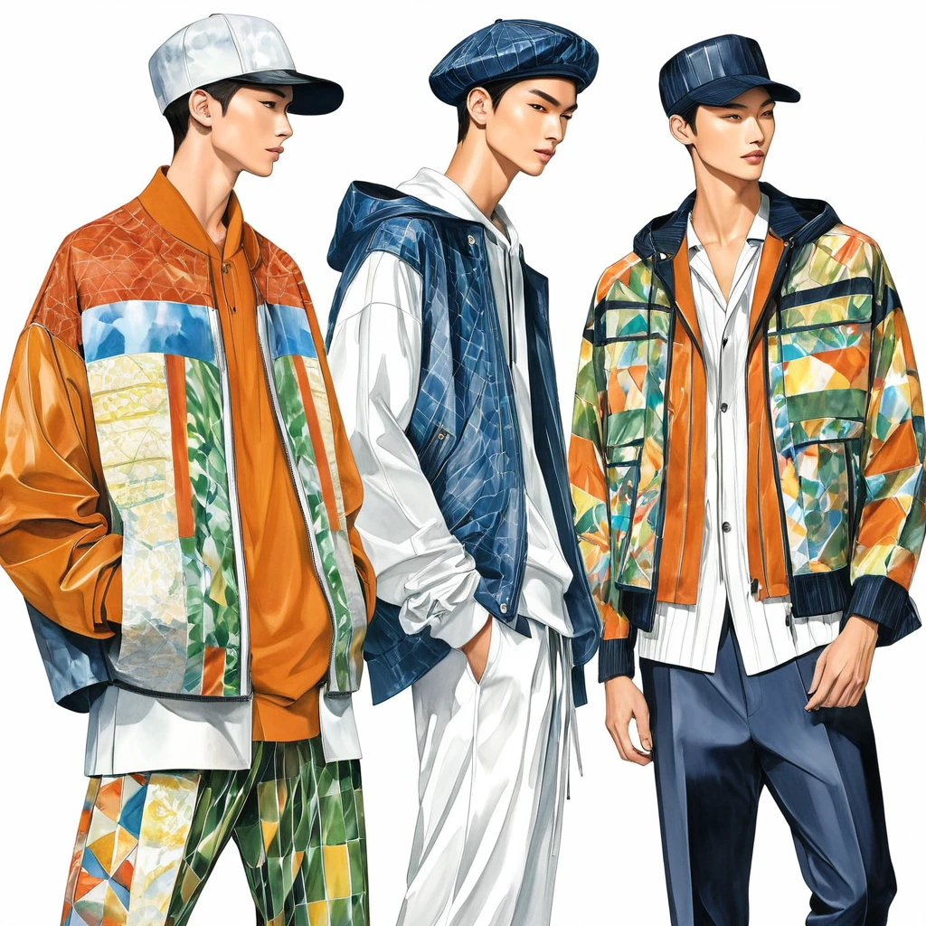 candid fashion illustration of young male supermodels, tall and slender, ((showcase front and back view)), fashionable symmetrical outfits, in modern and elegant sportwear, collage or patchwork ethnic motifs fabric, relax and simple pose, Captured a full-body photo, dynamic angle, ((present in fashion illustration by water-color painting on white paper background), realistic pencil lines, imperfect drawing, charcoal lines detail, fading sketch, fashion Sketching, low angle view, (full body image, hat and a jacket, issey miyake, by Tadashi Nakayama, style from greg rutkowski, inspired by Sadao Watanabe, style of masami kurumada, by Kamisaka Sekka, by Taiyō Matsumoto, by Naondo Nakamura, by Tanaka Isson, inspired by Russell Dongjun Lu, 2 0 2 0 fashion, inspired by Naondo Nakamura, inspired by Sadao Watanabe, inspired by Yanjun Cheng, by Oka Yasutomo