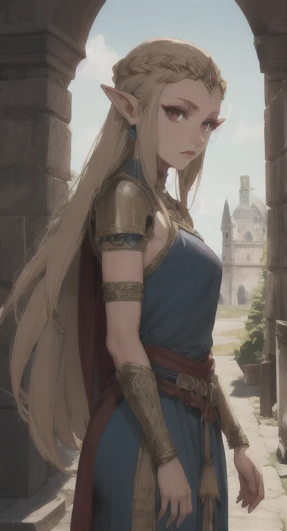 Ancient Hylian, princess Hylia, blonde, red eyes, looking at viewer, POV, ancient princess armor, long messy hair, ancient Hyrule, medieval castle, 